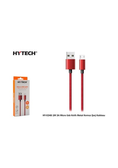 Hytech Hy-X248 1M 3A Micro Usb Kılıflı Metal Kırmızı Şarj Kablosu