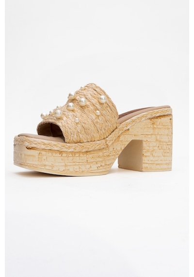 Luvishoes Luvi Shoes Rayne Bej Hasır İncili Kadın Platform Topuklu Terlik Bej