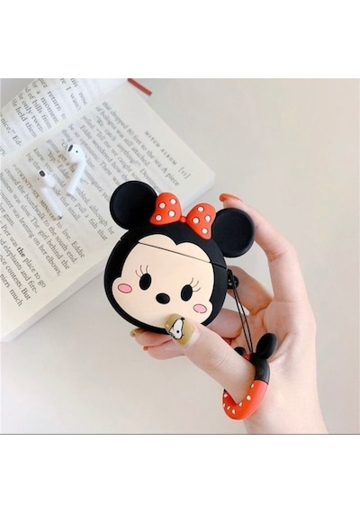 Apple Uyumlu iPhone 1/2. Nesil  Koruyucu Bluetooth Kulaklık Kılıfı Minnie Mouse Figürlü Siyah Airpods 1/2. Nesil