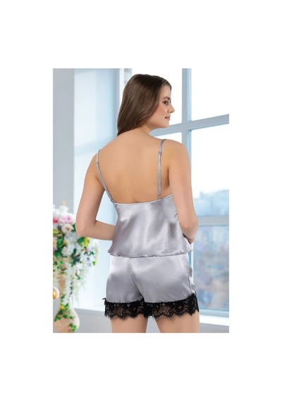 Faal 3101 Kadın Saten Degaje Yaka İp Askılı Şortlu Pijama Takım-gri Gri