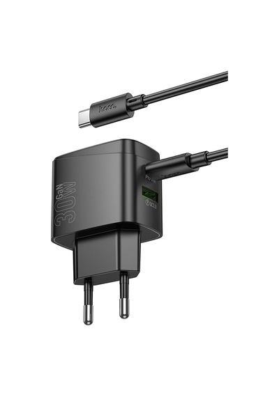 Hoco. Cs61a Bright 30w 1 Adet Type-c Ve 1 Adet Usb 3.0 Qc Çıkışlı Ekstra Type-c To Type-c Kablolu Pd Hızlı Şarj Aleti - Siyah
