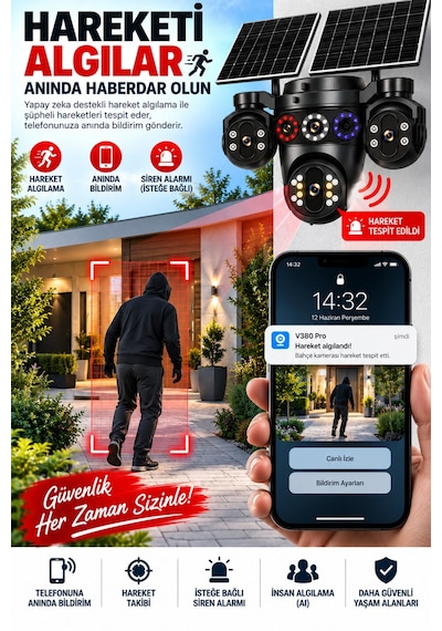 20mp 4 Lensli Solar Güvenlik Kamerası 16x Dijital Zoom Çift Solar Panel Full Hd Gece Görüş Siren Hieasy