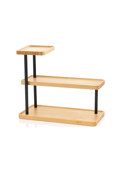 Tr 3 Katlı Bambu Mutfak Rafı, Metal Ayaklı, Doğal Bambu Ve Siyah Renk, Modern Tasarım, 32.5x28x15.5 Cm, Mutfak Düz Diğer