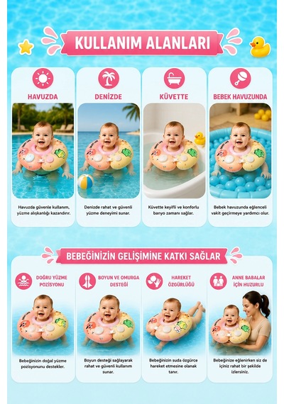 Bebek Yüzme Boyun Simidi Pompa Gerektirmeyen 0-1 Yaş Çift Emniyet Kilitli Ayarlanabilir Simit Nr007