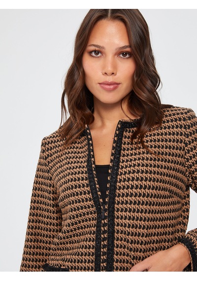 Şerit Detaylı Kazayağı Desen Örme Ceket 67191 U6719135 Camel