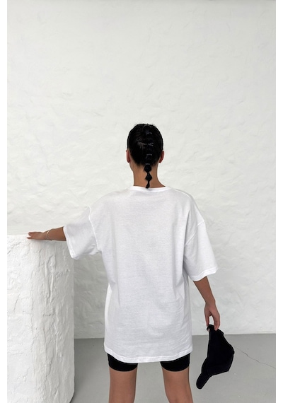 Technomonkey Unisex Beyaz Oversize Techno Maymun Baskılı Tişört