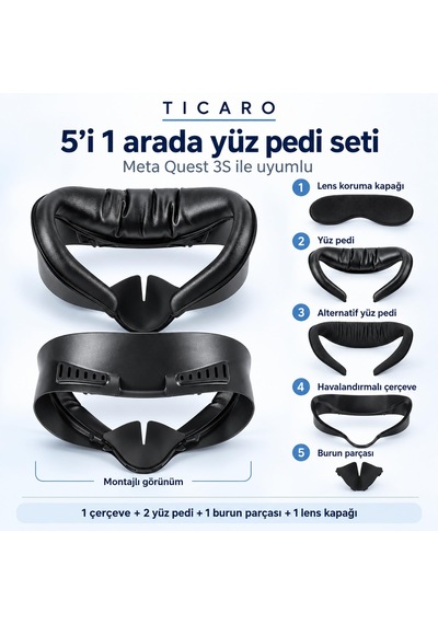 Tıcaro Meta Quest 3s İle Uyumlu 5 Parça Yüz Pedi Seti, Pu Ve Buz İpeği Ped, Siyah