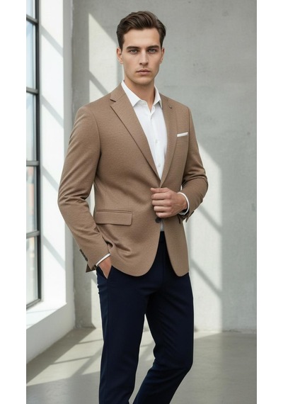 Plus Scorpion Erkek Esnek Kumaş Slim Fit Blazer Ceket Günlük & Ofis Şıklığı Taba