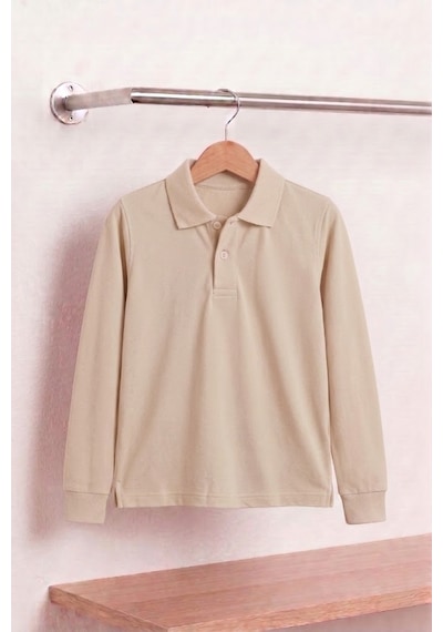 Nacar Store Unisex Çocuk Uzun Kollu Polo Yaka Lakost Okul Tişörtü Bej