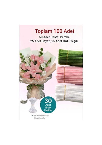 3'lü Set Pastel Pembe 50 , Beyaz 25 , Ordu Yeşili 25 Şönil ,çiçek Yapımına Uygun Tüylü Tel