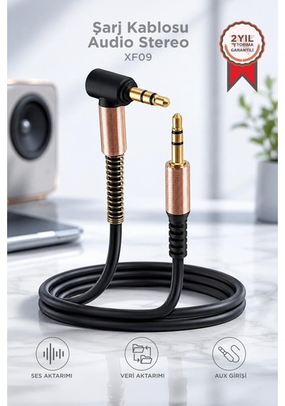 Premium Müzik Keyfi Cihaz Bağlantı Şarj Kablosu Audio Stereo 3.5 Aux Kablo Xf09 Siyah