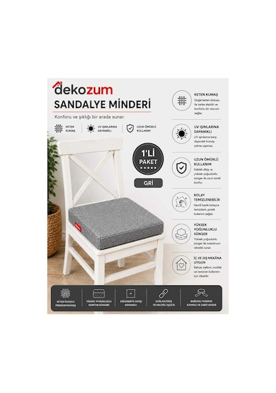 Comfort Plus Sandalye Koltuk Minderi 40x40 Bağcıklı Fermuarlı Yıkanabilir Balkon Bahçe Minderi Tekli Gri Tekli