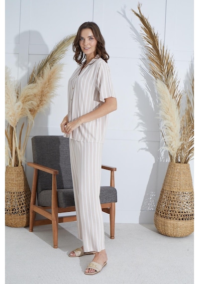 Sevim Kadın Kısa Kol Önden Düğmeli Bej Pijama Takım C6t1n951 001