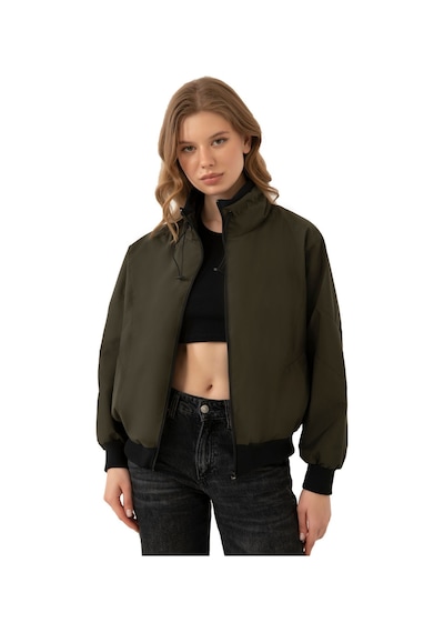 Firststops Kadın Haki Dik Yaka Su Ve Rüzgar Geçirmez Oversize Crop Mevsimlik Yağmurluk Rüzgarlık Haki
