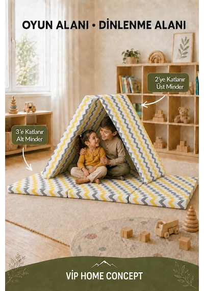2 Li Katlanabilir Çocuk Oyun Minderi ve Yer Yatağı Seti 70x180 + 70x120 CM 6 CM - Sarı Gri Zikzak
