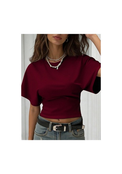 Cool Tarz Kadın Yarasa Kol Belden Oturtmalı Pamuklu T-shirt Bordo Bordo