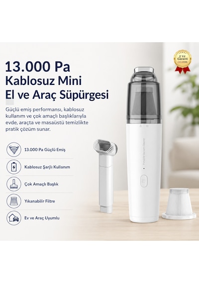 13.000 Pa Güçlü Emiş Kablosuz Şarjlı Taşınabilir Mini El Ve Araç Süpürgesi-1706