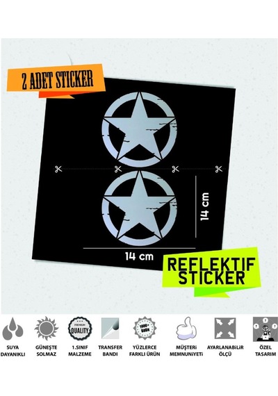 2'li Büyük Boy Eskitilmiş Askeri Yıldız Seti Reflektif Sticker Çınar Extreme