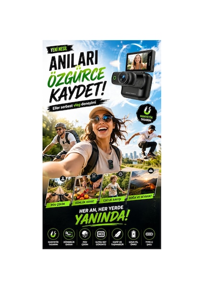 4k Ultra Hd Hareketli Ekranlı Profesyonel Aksiyon Kamerası Manyetik Tutuş Flip Ekran Full Aparat Beyaz