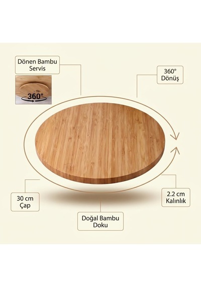 360 Dönerli Bambu Sunum Tablası, 30 Cm Çap, 2,2 Cm Kalınlık, Yuvarlak Servis Tepsisi, Doğal Bambu Rengi, Kahvaltı Ve Peynir Sunumu İçin, 1 Adet Çok Renkli