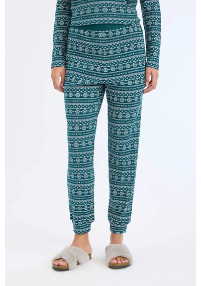 DeFacto Fall in Love Pijama Takımı Waffle Kumaş Uzun Kollu Üst Esnek Belli Uzun Alt D2284AX24WNGN1040 Yeşil