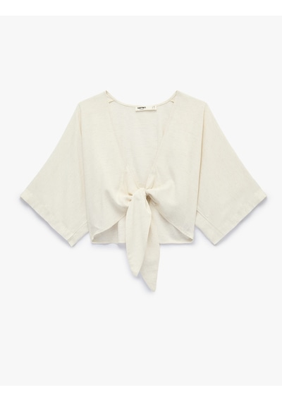 Koton V Yaka Yarım Kollu Bağlama Detaylı Crop Keten Karışımlı Kimono Ekru Çizgili 6sak60571uw