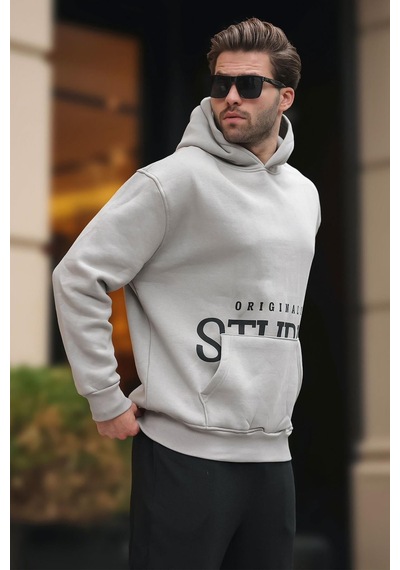 Madmext Boyalı Gri Kapüşonlu Baskılı Cep Detaylı Sweatshirt E7076 Gri