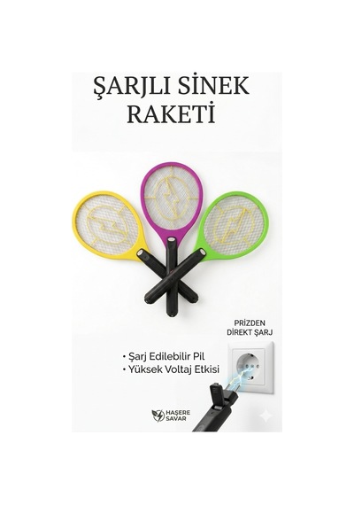 Şarjlı Sinek Raketi Uç Priz Şarjlı Güçlü Elektrikli Sivrisinek Öldürücü 2 Renk Seçenekli