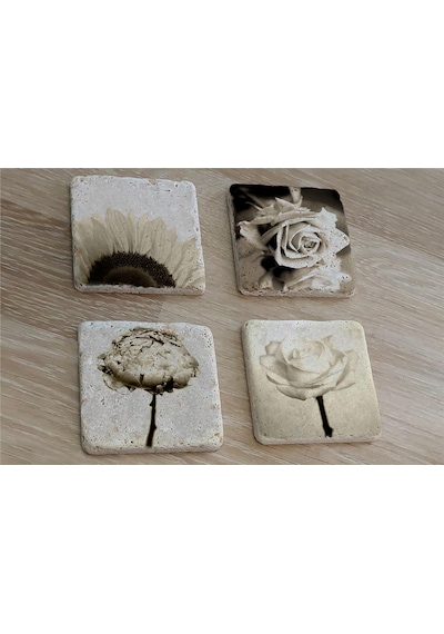 Siyah Beyaz Çiçekler Doğal Taş Bardak Altlığı 4'lü Set - Natural Stone Coasters - Taş Beyaz - Siyah