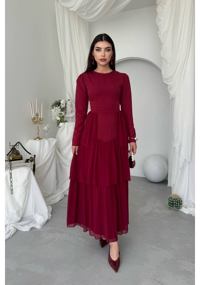 Nils Butik Korse Detaylı Midi Abiye Elbise Bordo