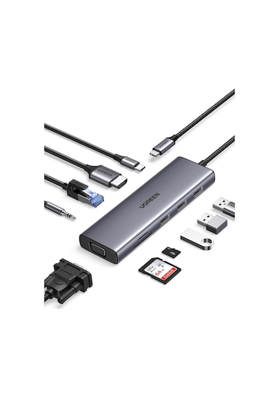 Usb C Yerleştirme İstasyonu 10&apos U 1 Arada 4k Hdmı, Vga, 3 X Usb A 3.0, Pd 100w, Ethernet, 3,5 Mm Ses, Sd/tf İle