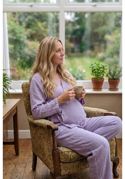 Combattente Exclusive Products Combattente Pamuk Müslin Hamile Lohusa Karın Üstü Pijama Takımı Mor - Lavanta