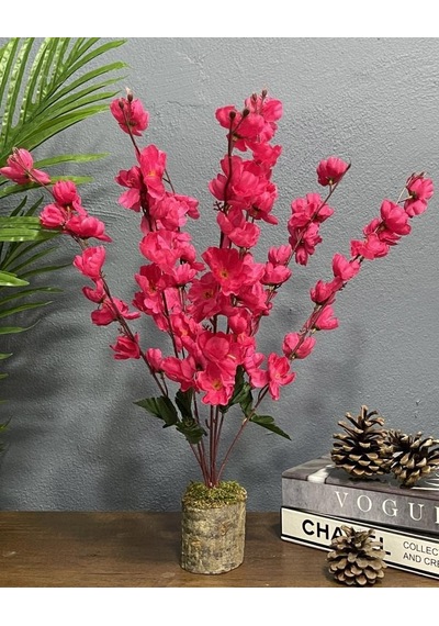 Yapay Çiçek Ahşap Kütük Saksılı Fuşya Bahardalı Palmiye Ağacı Salon Bitkisi 50cm Çok Renkli