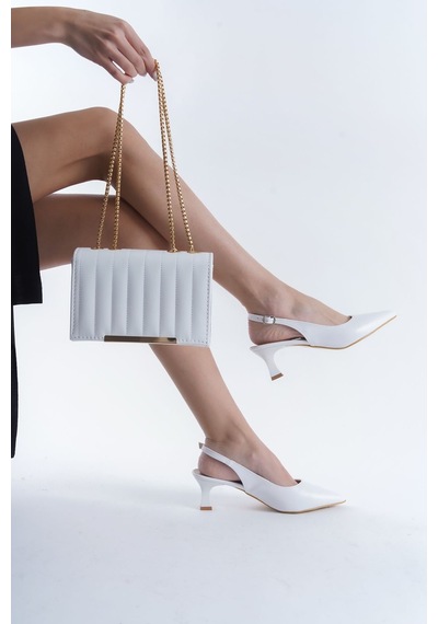 Zlato Beyaz Arkası Açık Topuklu Stiletto Ayakkabı Ve Çanta Kombini Beyaz