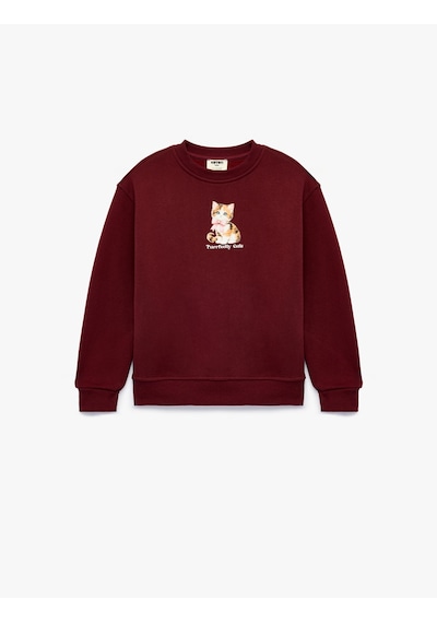 Koton Üç İplik Şardonlu Uzun Kollu Bisiklet Yaka Kedi Baskılı Sweatshirt Bordo 7wkg10259ak