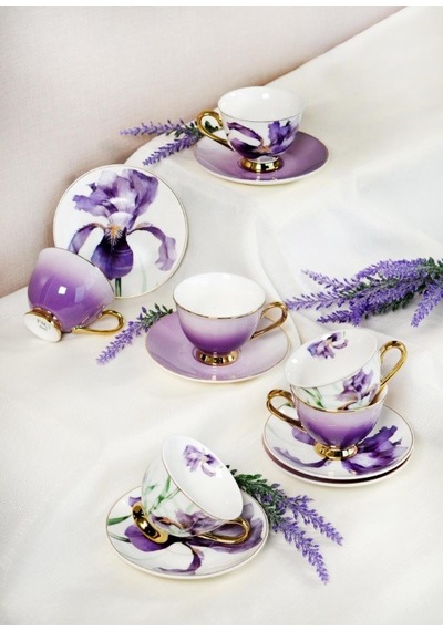 Paçi Orchid Çiçekli Yaldızlı 6 Kişilik Kahve Takımı Mor