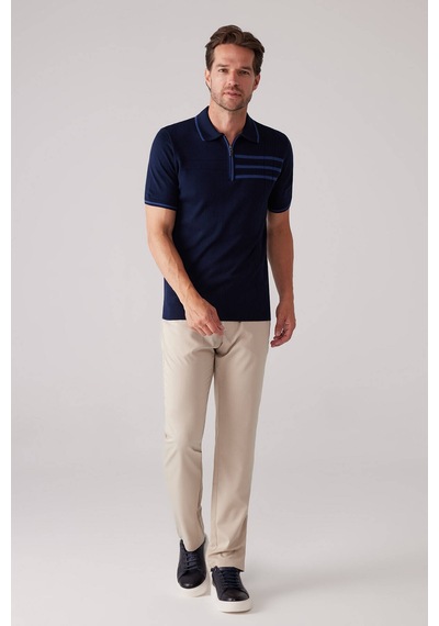 Erkek Lacivert Slim Fit Hafif Çizgili Fermuarlı Polo Yaka Tişört