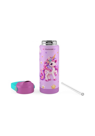 Puccon 540 Ml Sevimli Unicorn Baskılı Pembe - Mor Kız Çocuk Pipetli Çelik Termos Matara/suluk - 60048