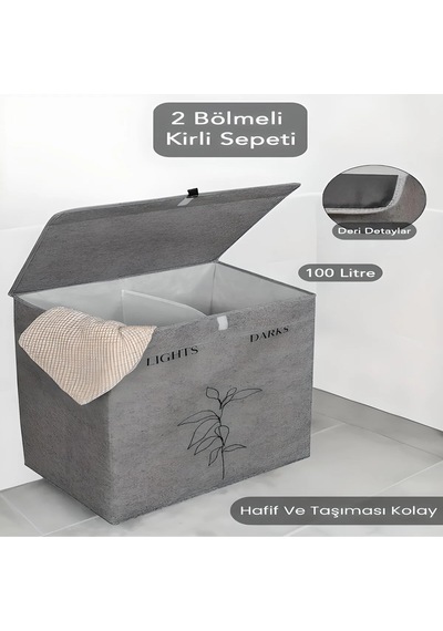 Keçe Deri 2 Bölmeli Çamaşır Kirli Sepeti Oyuncak Saklama 53x33x60