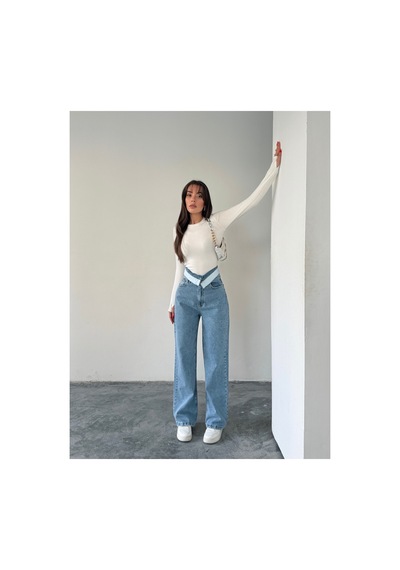 Blue Marlın Kemer Yakalı Tam Kalıp Bol Paça Jeans Buz Kar