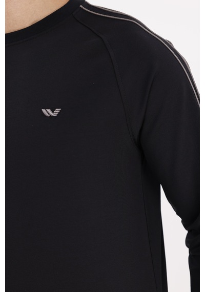 Rowinger Çift Şeritli Raglan Kol Minimal Logolu Bisiklet Yaka Sweatshirt Black