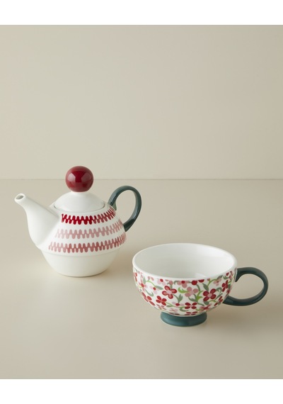 Country Bloom New Bone China Demlik Seti 380 260 Ml Bordo-yeşil