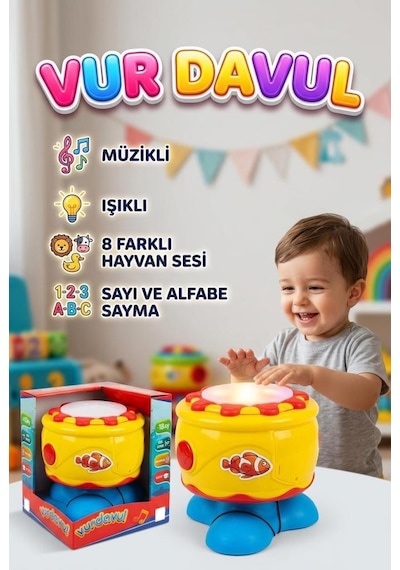 Işıklı Sesli Müzikli Ses Ayarlı Alfabe Ve Sayı Sayabilen Hayvan Sesi Çıkartan Şarkılı Oyuncak Davul