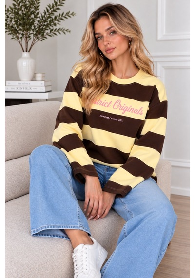Lima Sarı Kadın Çizgili Oversize Sweatshirt Bisiklet Yaka Baskılı Uzun Kollu Sweat