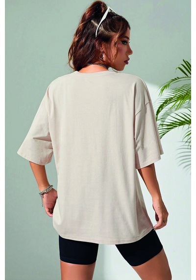 Unisex Mind Life Vibes Baskılı Oversize Tshirt Bej