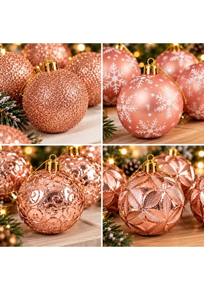 Bakgelal 24 Parça Lüks Rose Gold Yılbaşı Ağaç Süsü Seti - 6 Cm Dört Farklı Tasarımlı Rose Gold Çam Ağacı Topu Seti - 9066633858525 Diğer