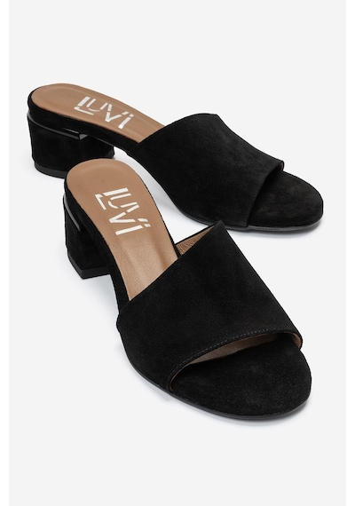 Luvi Shoes Delavıe Siyah Süet Hakiki Deri Kadın Kalın Topuklu Terlik