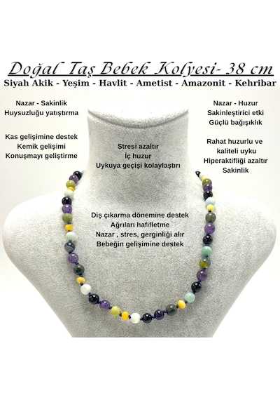 Sertifikalı Doğal Taş Bebek Kolyesi Yeşim Ametist Akik Havlit Kehribar Amazonit - 38 Cm Çok Renkli