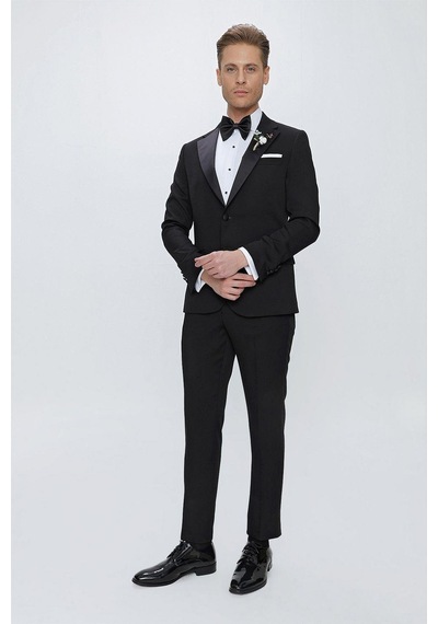 Efor Black 067 Slim Fit Çıkarılabilir Saten Yaka Siyah Damatlık Smokin Takım Siyah