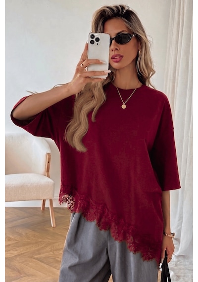 Genius Store Kadın Dantelli Tişört Kahverengi Pamuklu Dantel Detaylı Rahat Kesim Asimetrik Kadın Bluz Dantelli-8989 Bordo